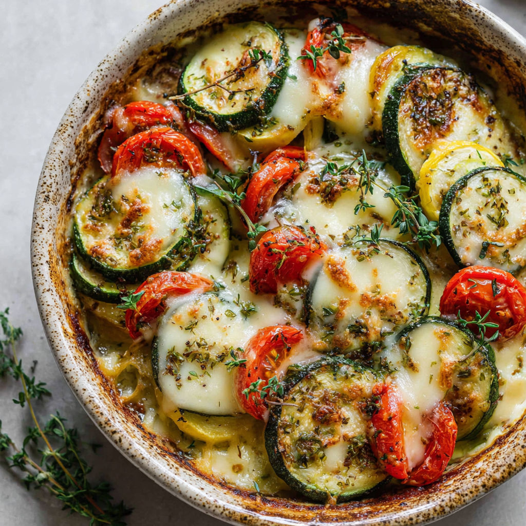 Une pizza maison généreuse garnie de courgettes, de tomates, d’herbes fraîches et de fromage fondant.