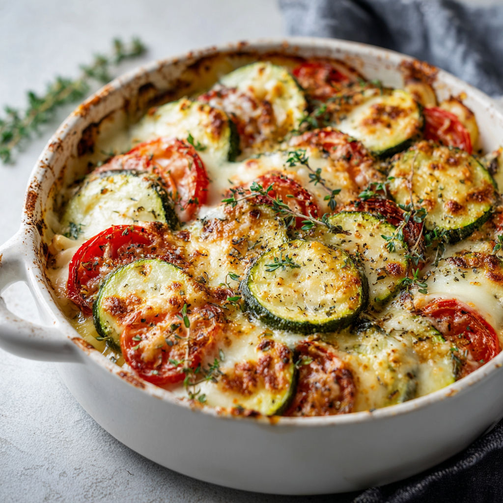 Un bol en céramique rempli d’un gratin courgette-tomate, avec fromage gratiné et herbes.