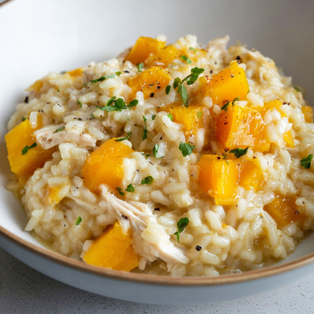 Un risotto bien crémeux avec poulet, courge et cheddar, servi dans un bol couleur porcelaine, c’est le plat réconfort après une longue journée.