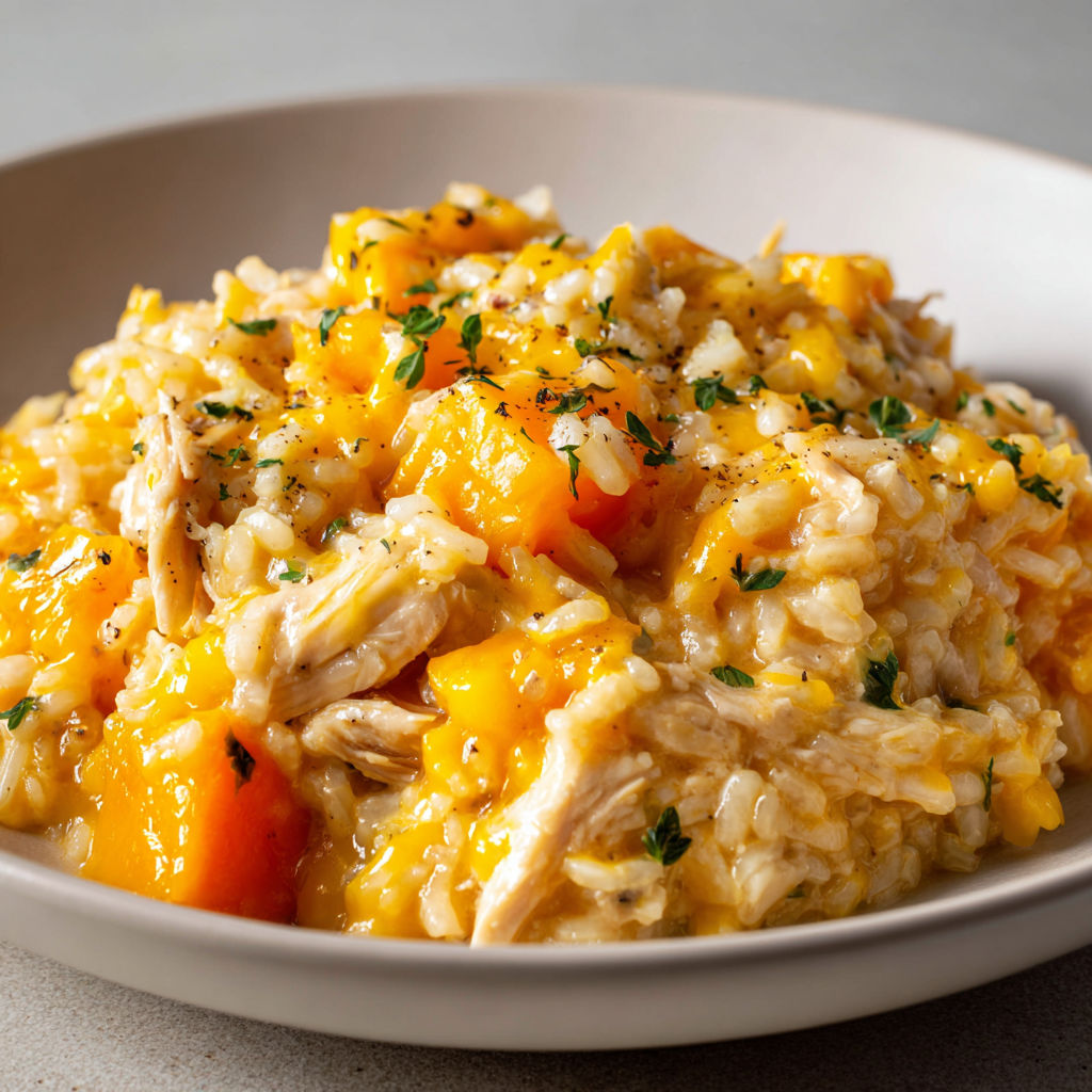 Un plat de riz crémeux avec légumes dorés et morceaux de poulet.