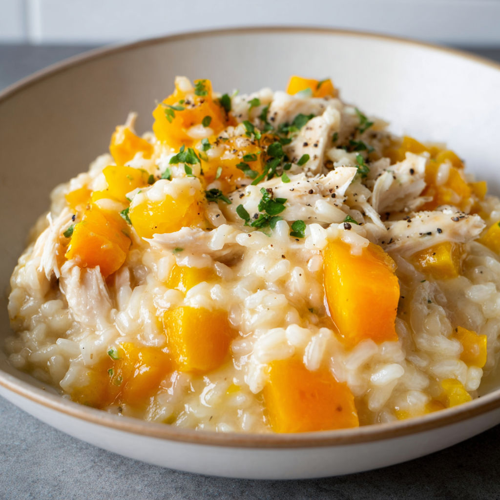 Assiette généreuse de riz crémeux, courge fondante et poulet tendre.