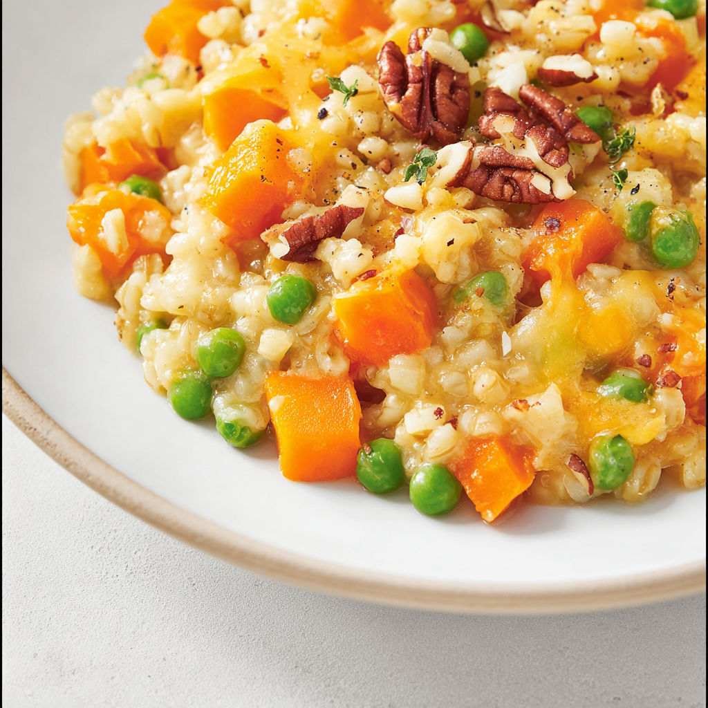 Gratin d’orge bien gourmand, carottes, petits pois et cheddar filant à l’assiette.