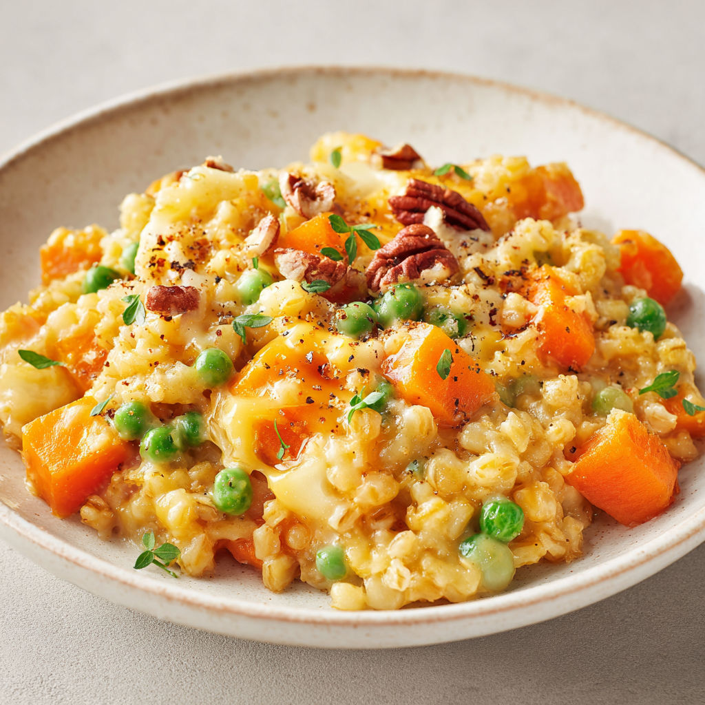 Gratin d’orge aux légumes et cheddar servi dans un joli bol, carottes, pois et fromage bien visible.