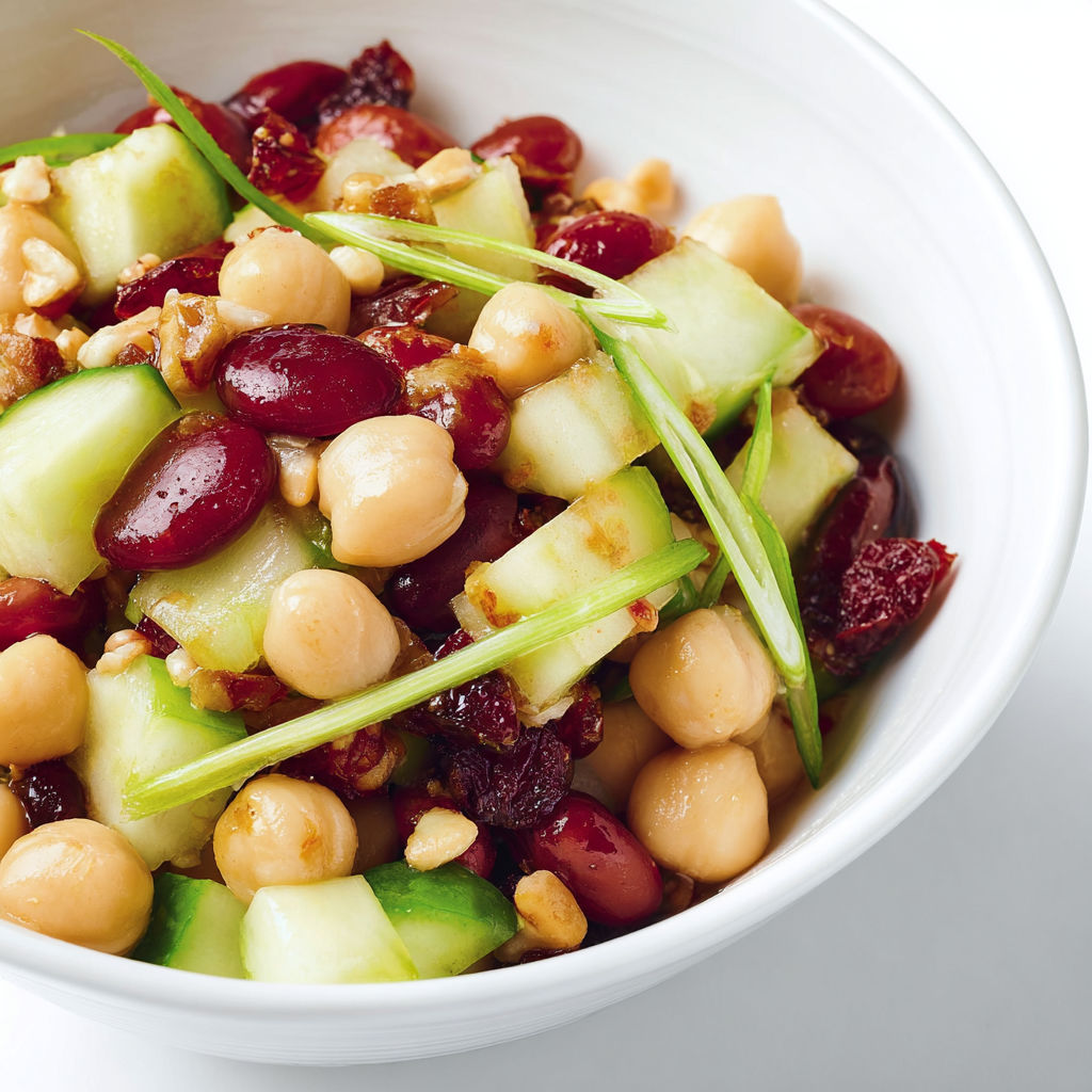 Un mélange gourmand de pois chiches, tomates cerises, concombres, raisins, noix et épinards dans un bol blanc.