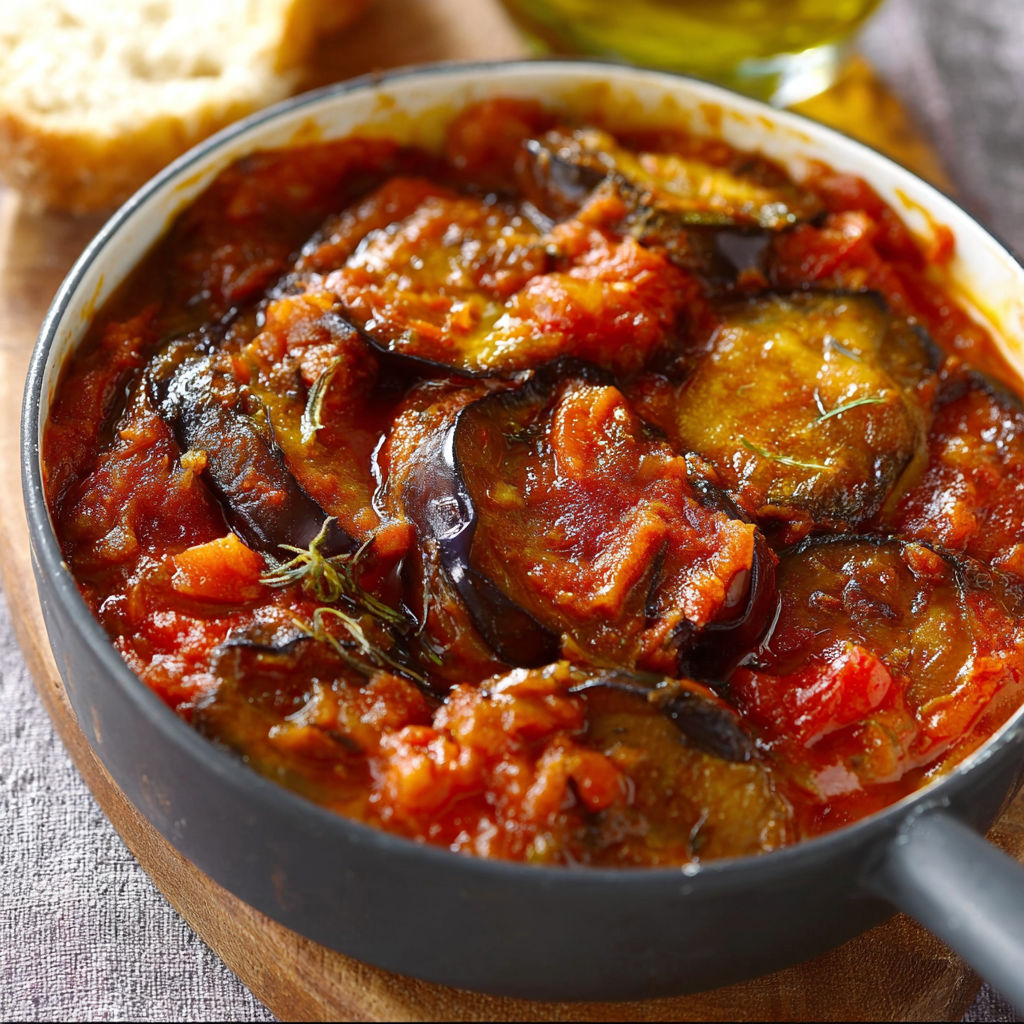 Casserole d’aubergines fondantes à la sauce tomate servie à table.