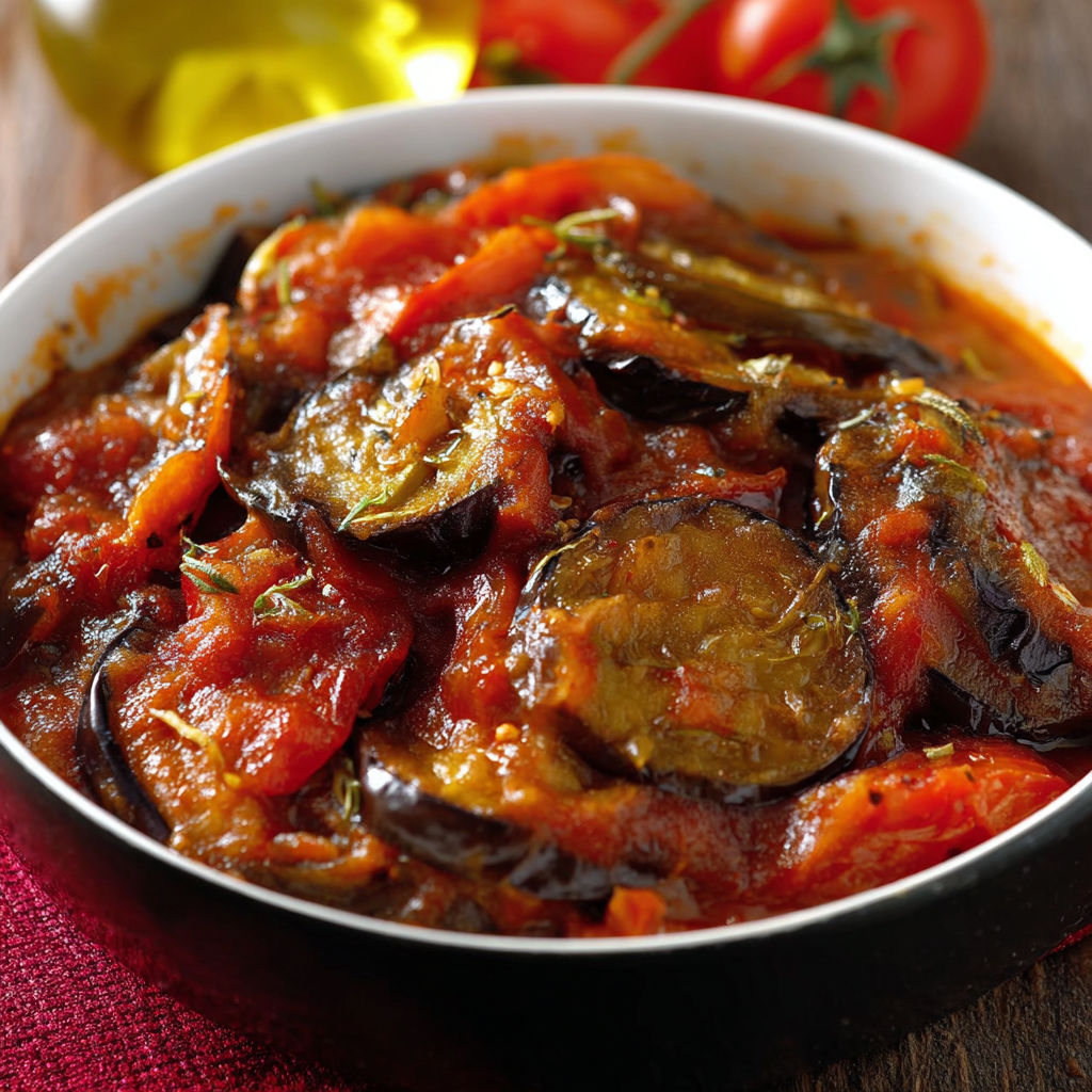 Un bol en verre garni de raviolis, sauce tomate et aubergines.