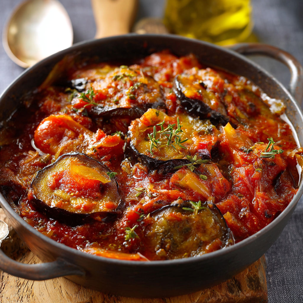Un bol en métal rempli d'aubergines et sauce tomate bien mijotées.