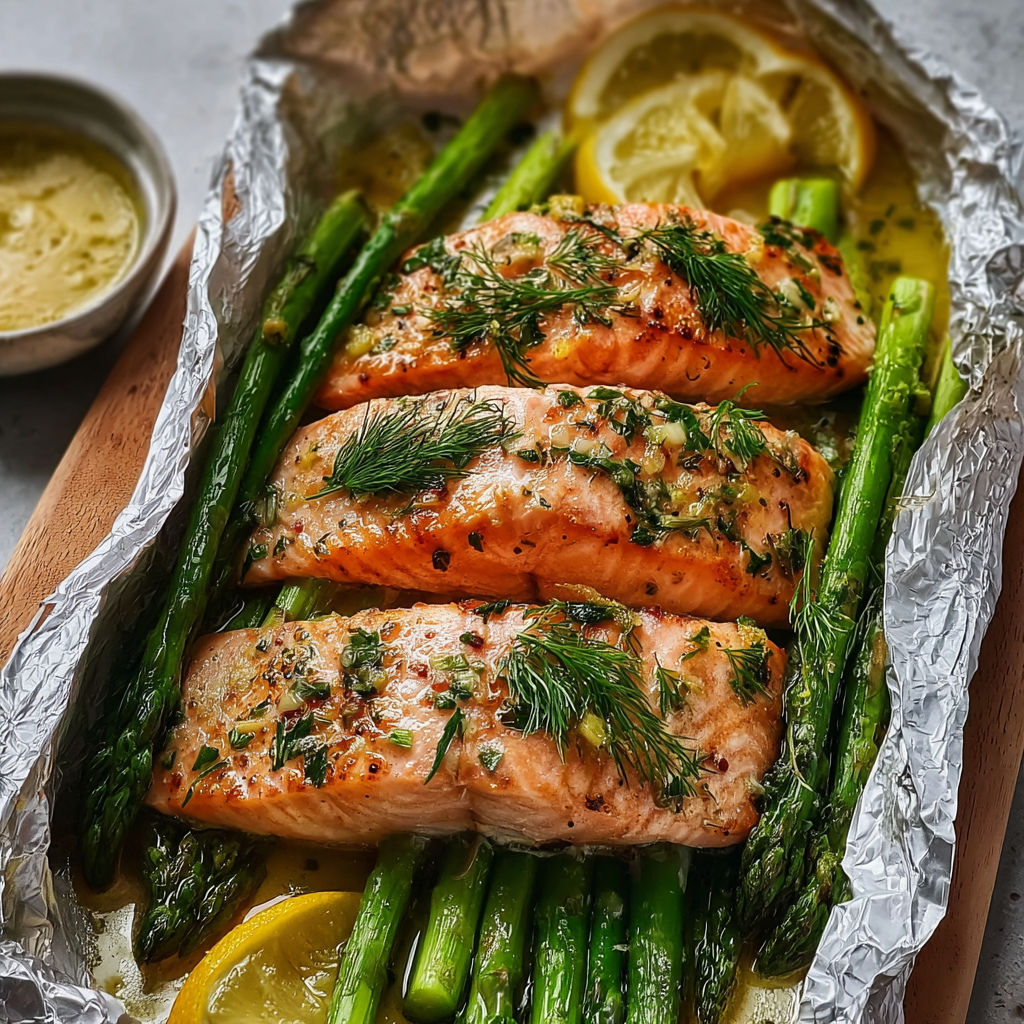 Saumon au four dans sa papillote avec asperges vertes et sauce citron, cuit à point, assiette gourmande.