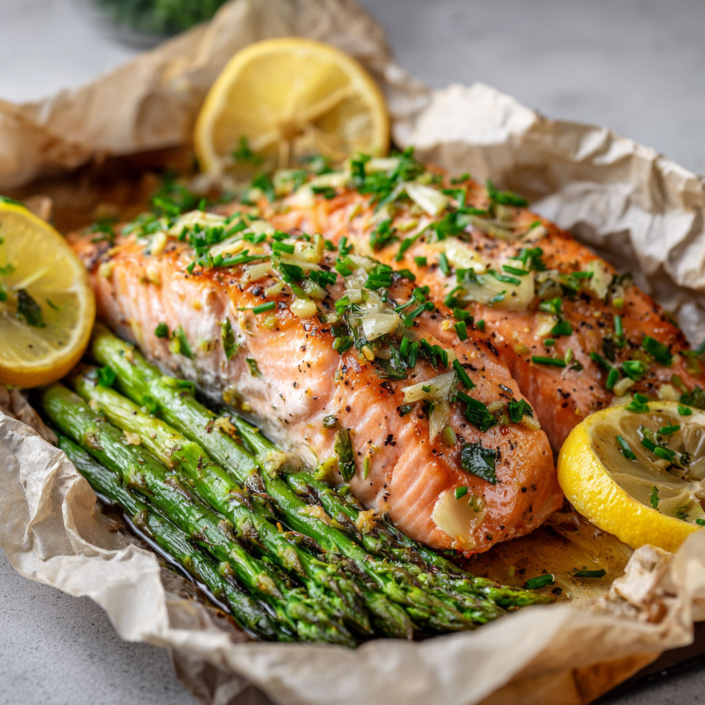 Un poisson cuisiné avec plein de légumes verts et du citron.