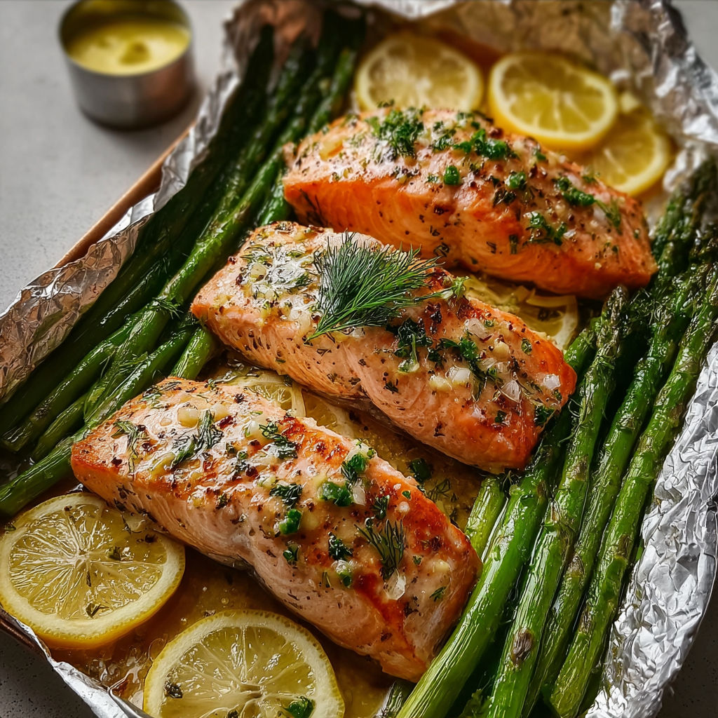 Un saumon tout doré entouré de légumes verts et de citrons.