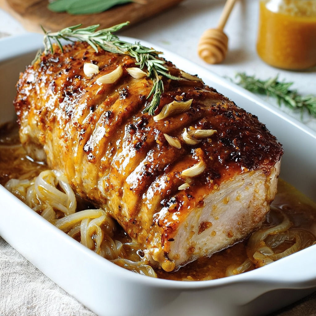 Un plat de porc rôti bien grillé, garni d’herbes fraîches et de noix sur une généreuse sauce au miel.