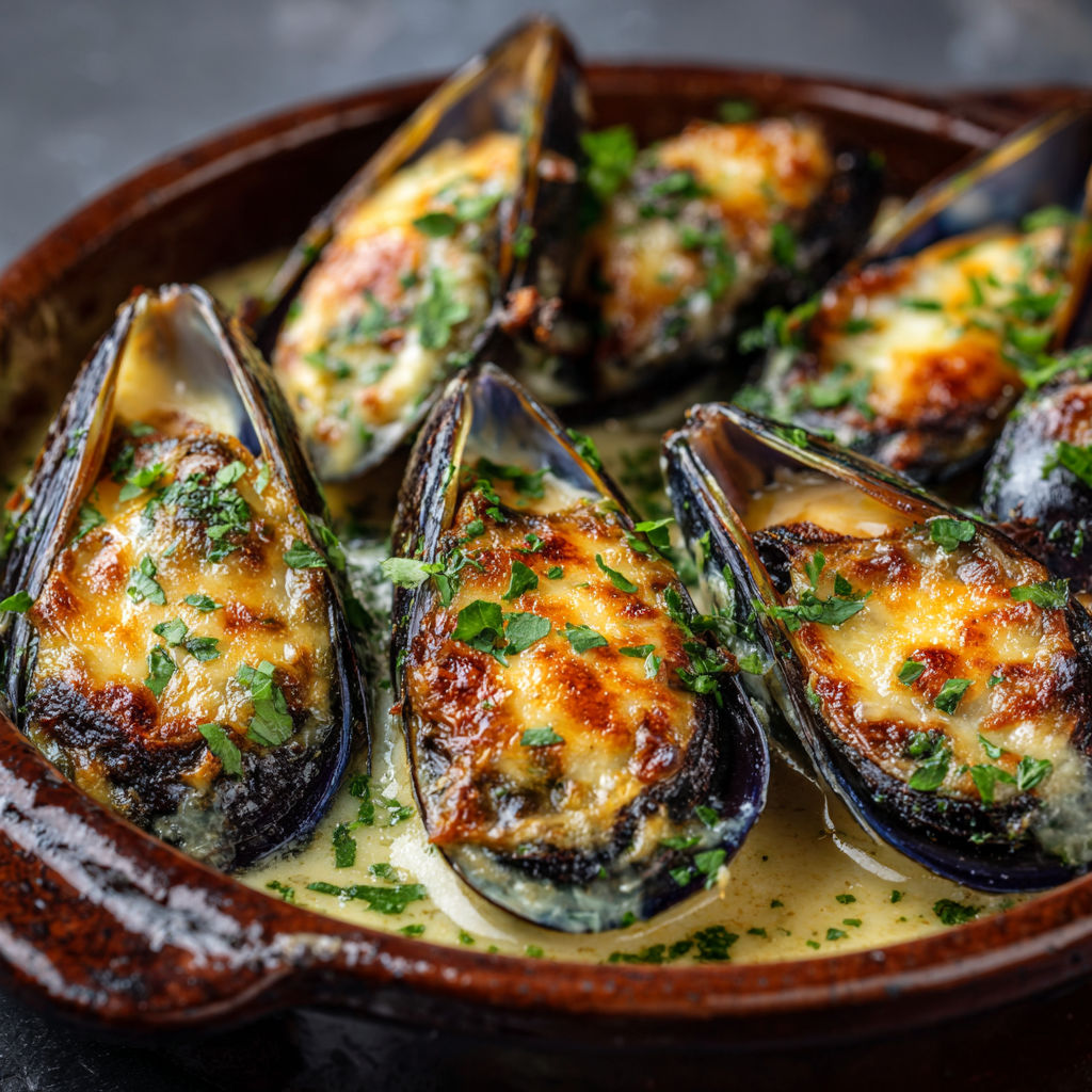 Des moules garnies avec une sauce fromagère crémeuse et herbes fraîches.