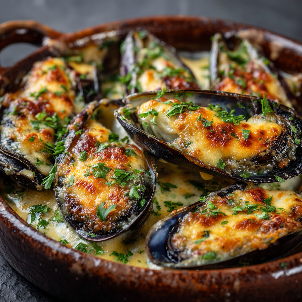 Des moules en sauce gratinées au fromage, servies dans un bol rustique.