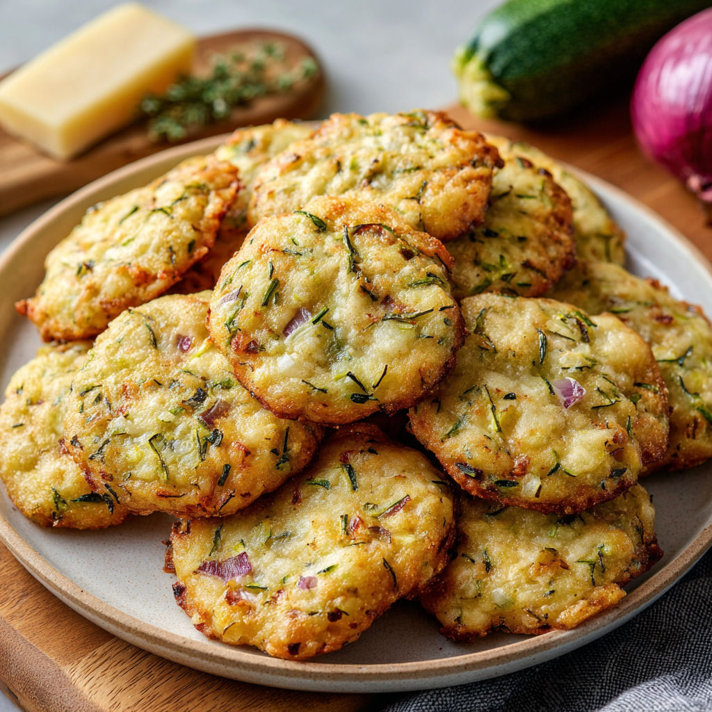 Des galettes de pommes de terre garnies d’herbes fraîches et de fromage sur un plat de service.
