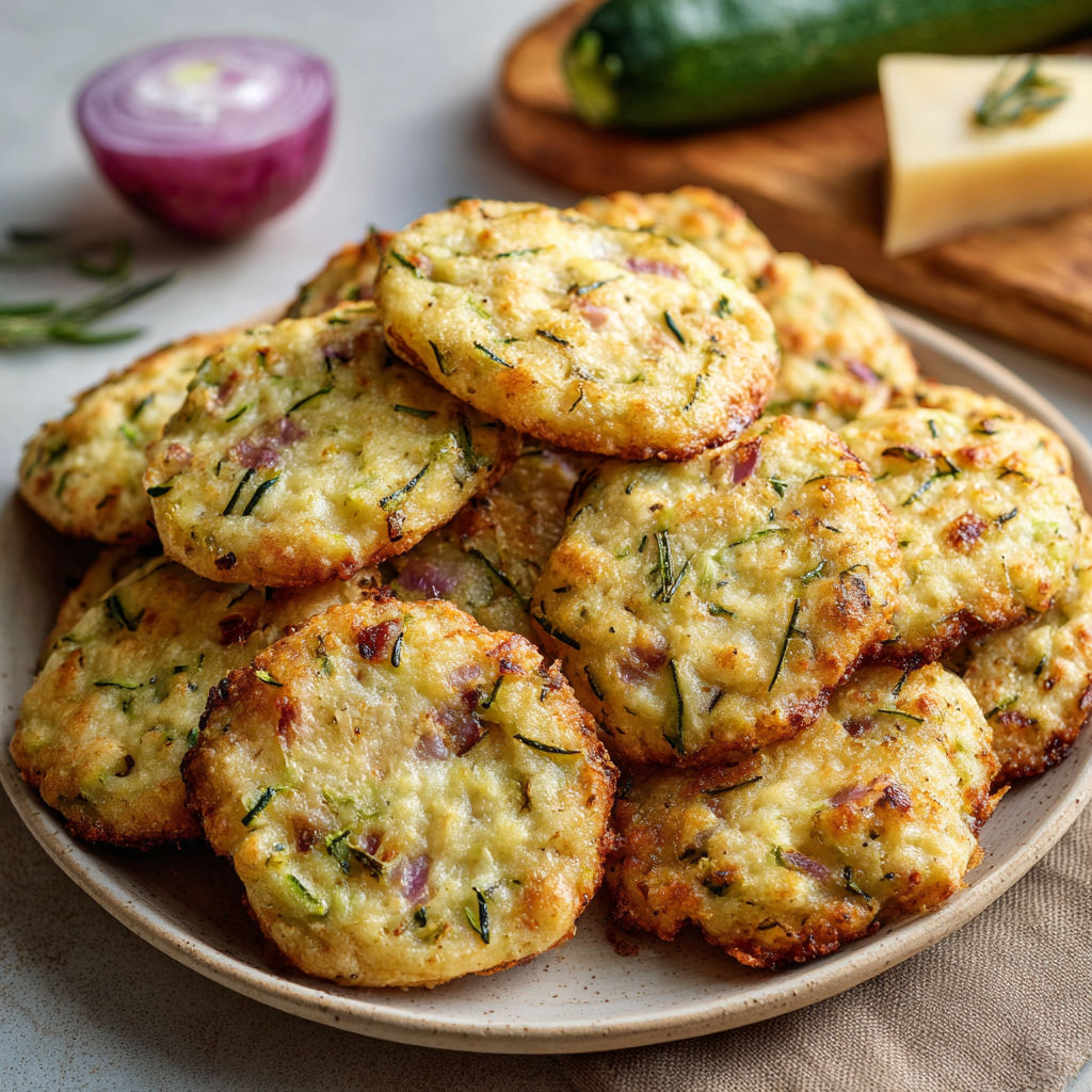 Des petits biscuits dorés accompagnés de légumes verts et fromage, prêts à être dégustés.