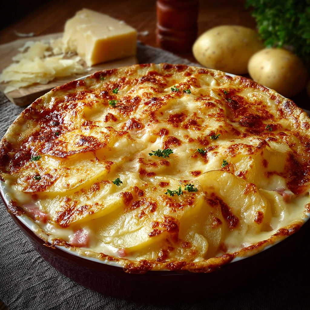 Un gratin de pommes de terre bien gratiné, le dessus plein de fromage fondant et doré.