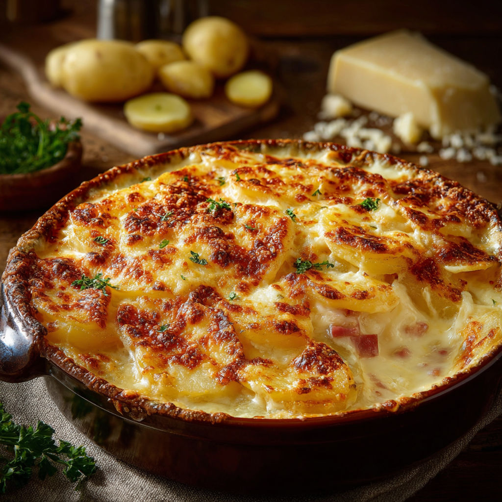 Un gratin de pommes de terre et fromage râpé, chaud sorti du four, bien doré.