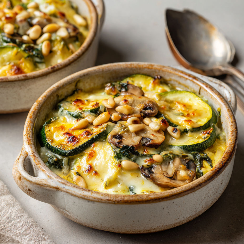 Une cassolette de courgettes fraîches et champignons servie dans un bol en céramique.
