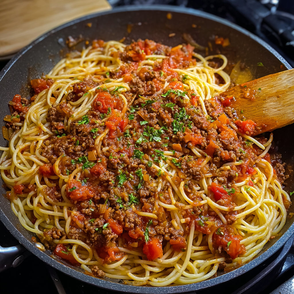 On voit un bol en inox rempli de spaghetti bolognaise, prêts à déguster.