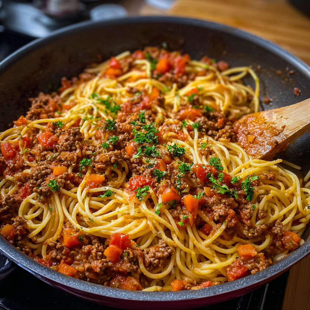 On aperçoit des spaghetti bolognaise dans un bol inox, prêts à être dévorés.
