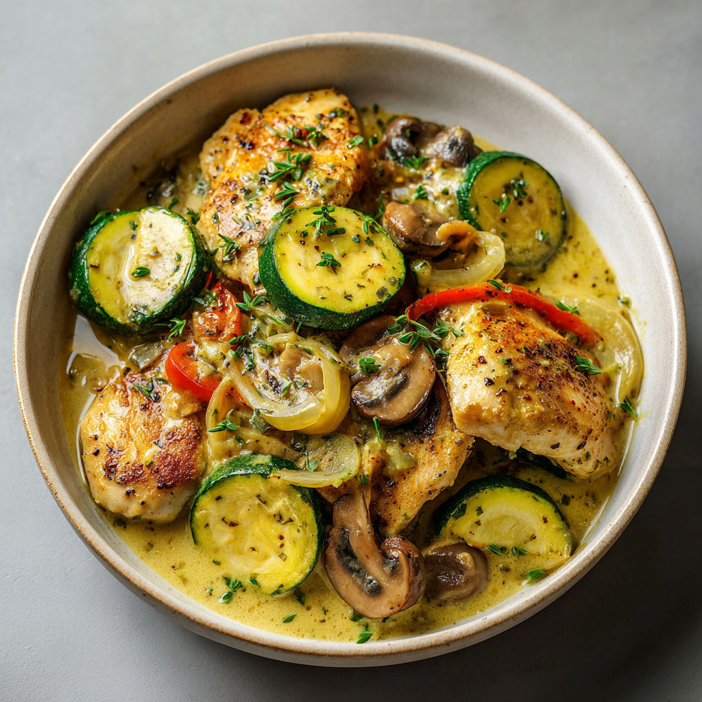On a une belle cassolette remplie de courgettes, champignons et escalopes dans un bol sur la table.