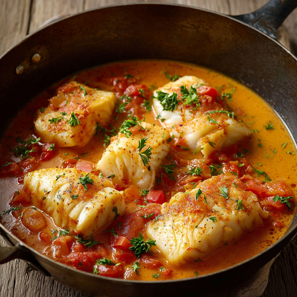 Poisson doré et légumes dans une grande poêle, entourés de tomates bien juteuses.