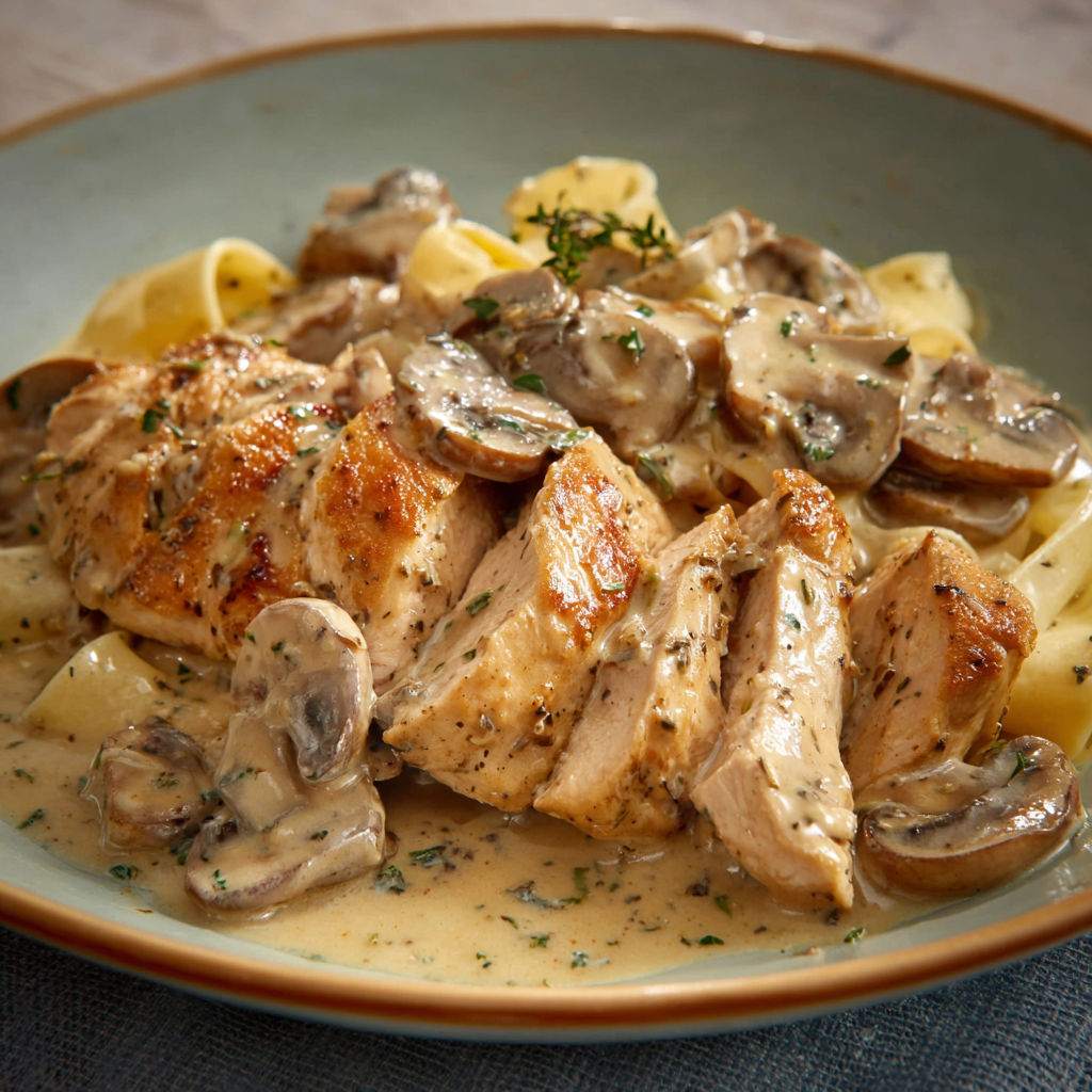 Un plat de poulet avec des tagliatelles et des champignons.