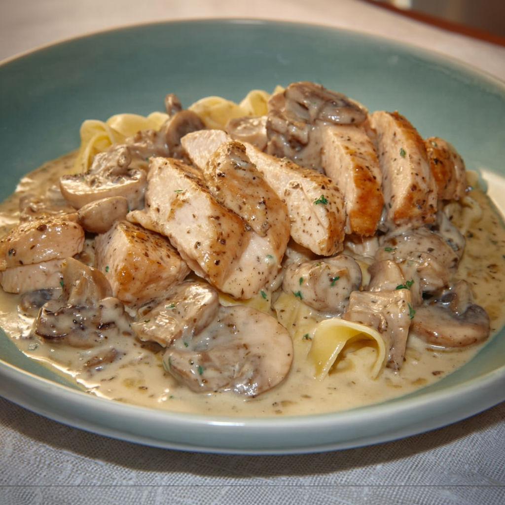 Des spaghetti recouverts de champignons et de poulet doré.