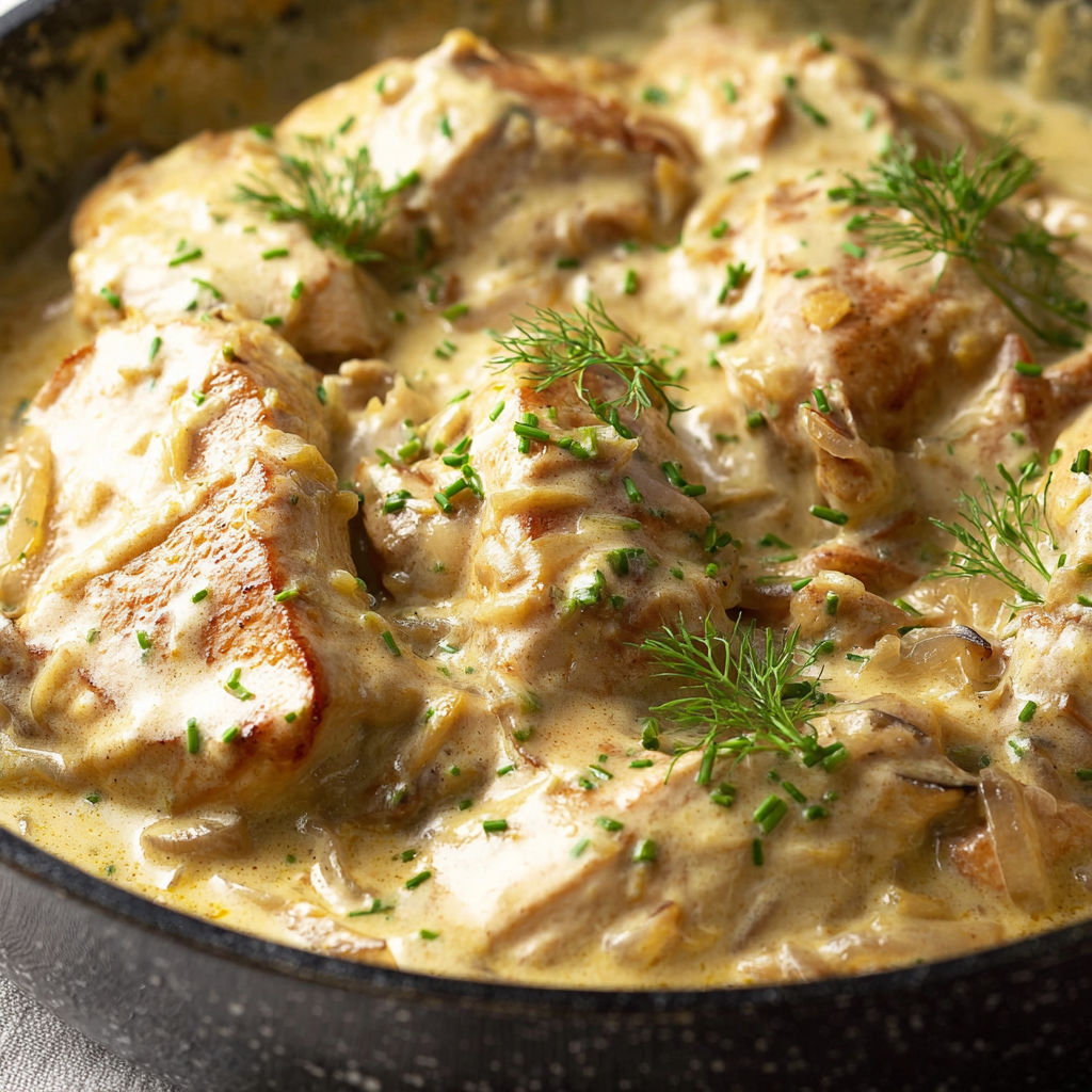 Un plat crémeux de poulet français, servi avec des herbes et des légumes, présenté dans un joli bol.
