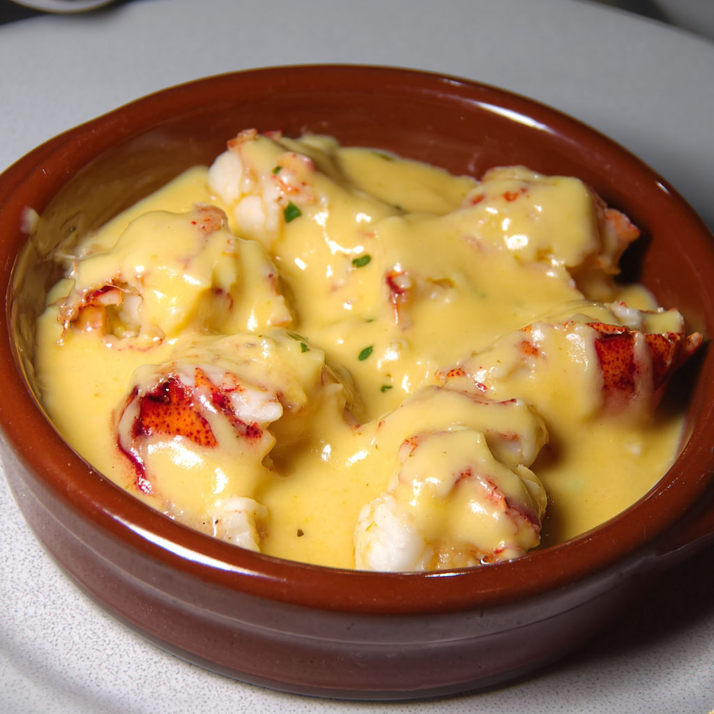 Un plat de Saint-Jacques avec homard attend d’être dégusté, servi dans un bol rustique.