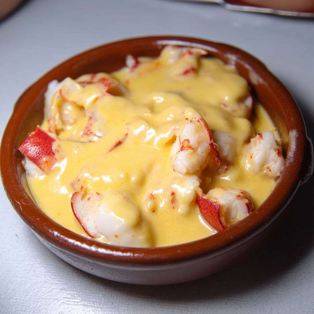 Un plat de Saint-Jacques et homard dressé dans un bol rustique, prêt à être servi.