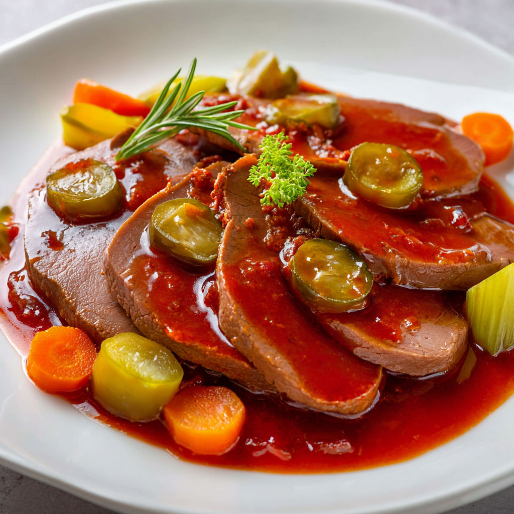 Plat à l’ancienne de langue de boeuf en sauce piquante, garni d’oignons, carottes, herbes et petits légumes fondants, avec une sauce bien relevée.