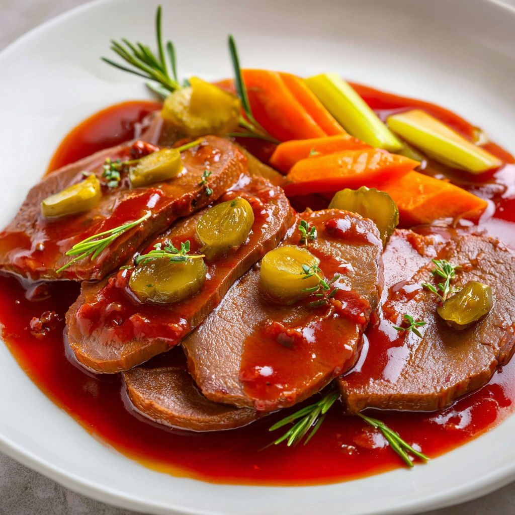 Un steak de bœuf grillé accompagné de petits légumes et d'une sauce tomatée.
