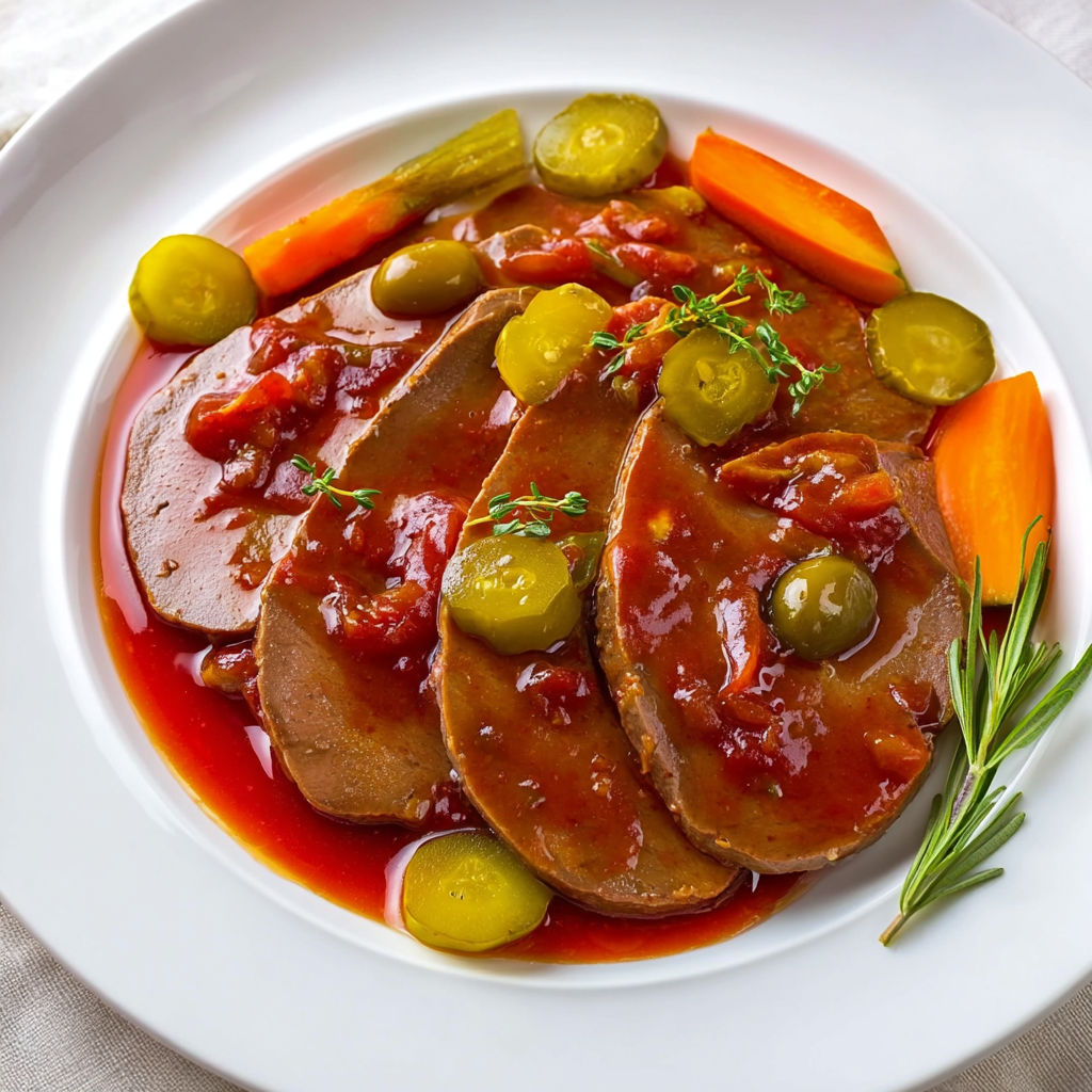 Un plat de bœuf fondant avec oignons et olives.