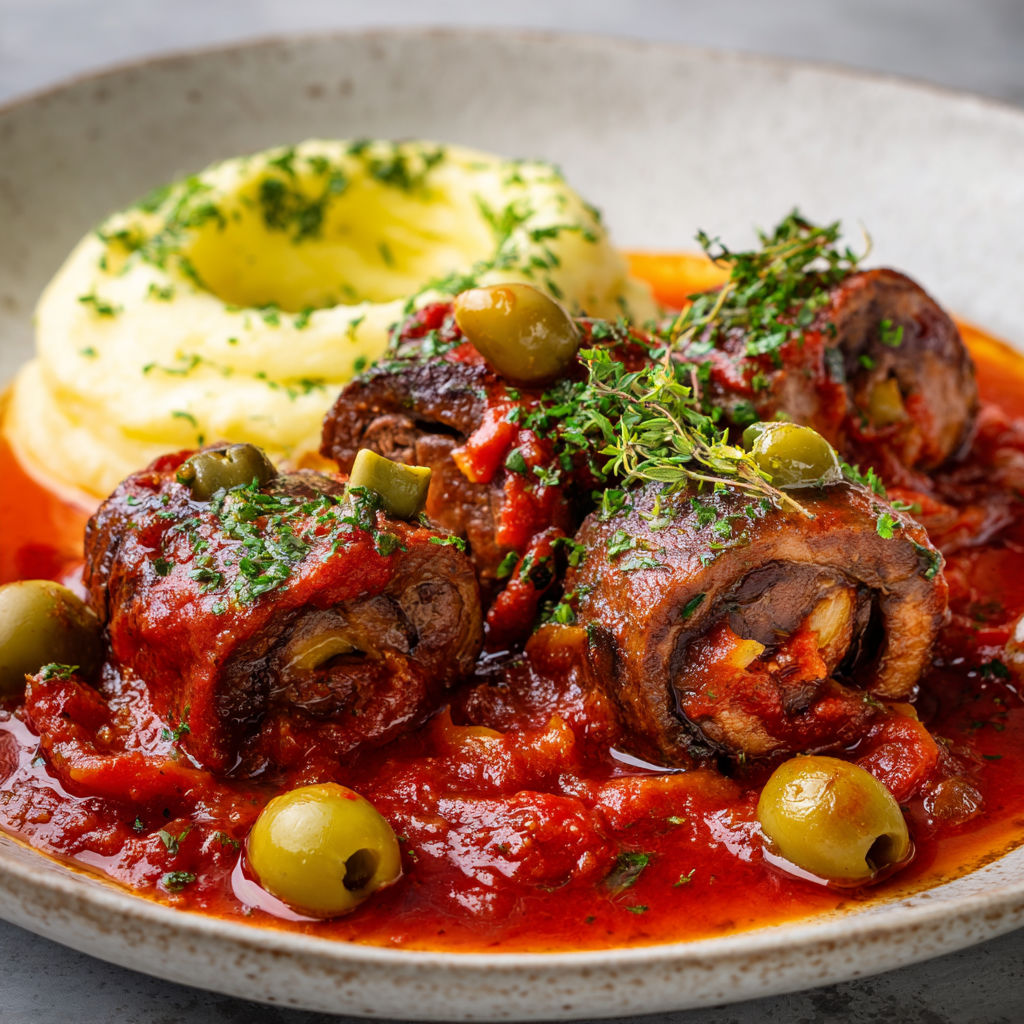 Une portion de bœuf marinée avec l’ail des ours et une sauce tomate bien garnie.
