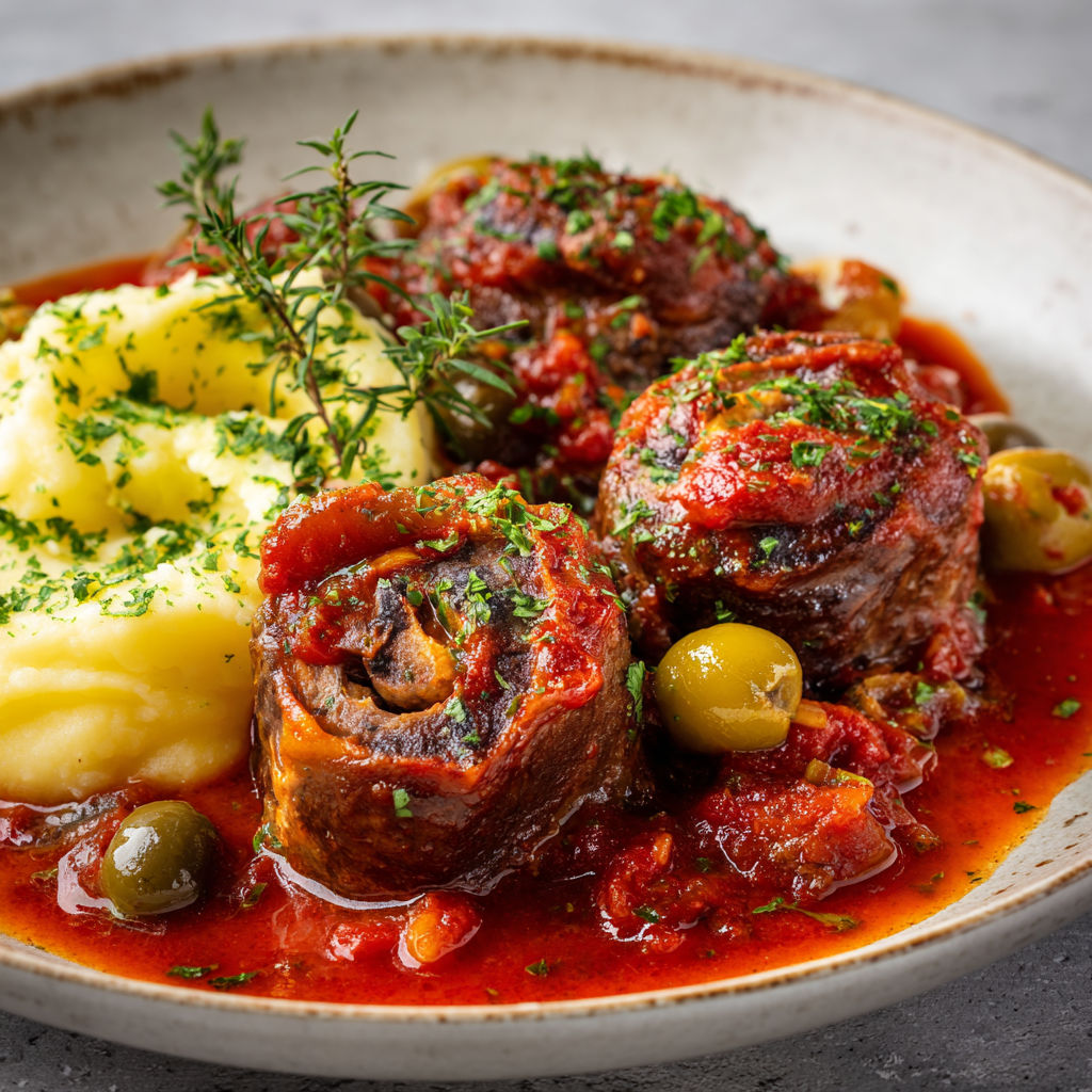 Un généreux plat de gnocchis et de viande mijotée.