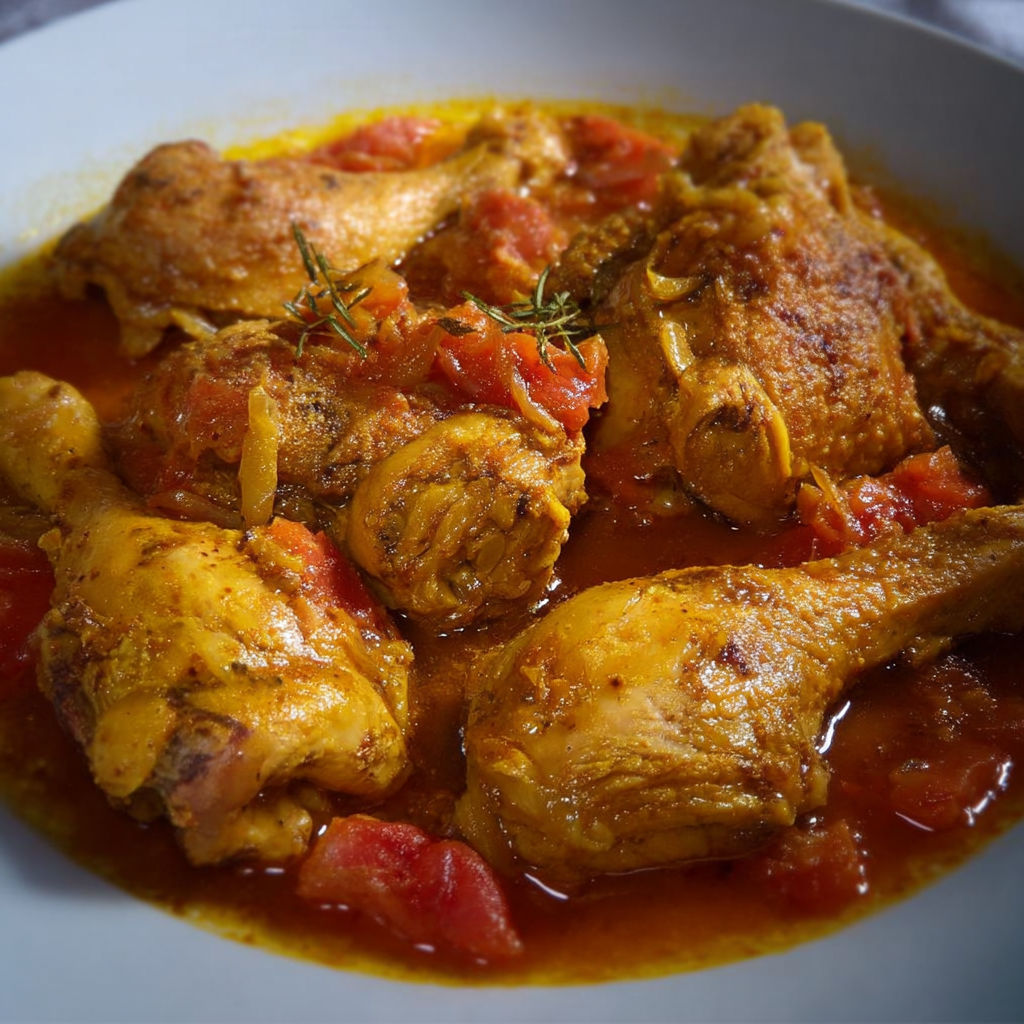 Un plat généreux de poulet doré, des tomates et des herbes fraîches prêt à partager.