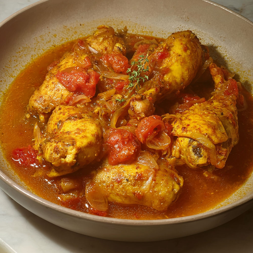 Du poulet mijoté dans un bouillon avec des légumes, des tomates et des herbes.