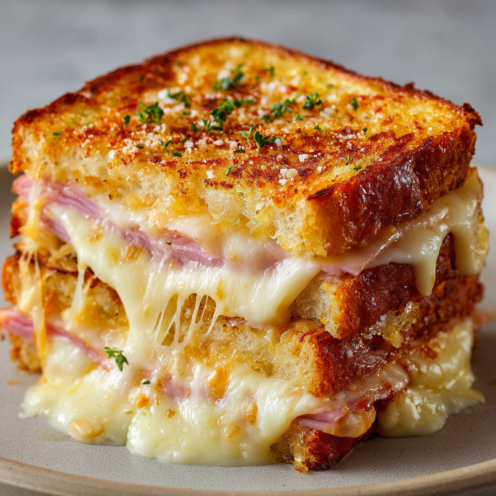 Des croque-monsieur bien appétissants avec fromage coulant sur une jolie planche.