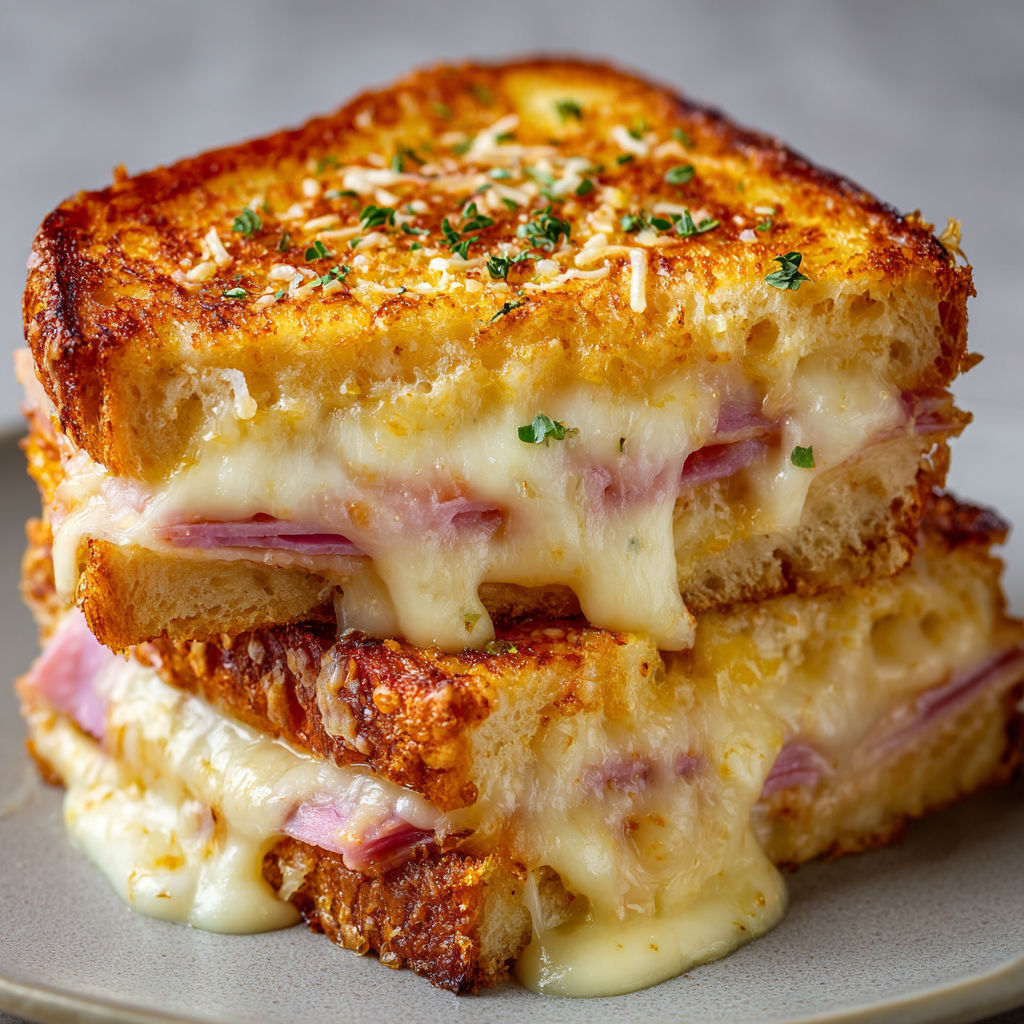 Sandwichs croque-monsieur bien dorés avec jambon et fromage.