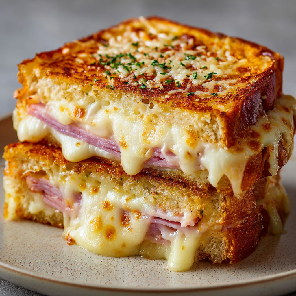 Croque-monsieur gratiné au fromage et jambon avec herbes fraîches.