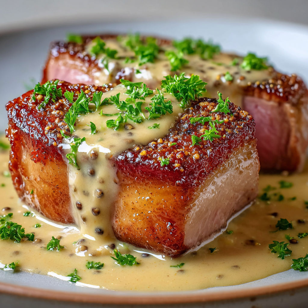Un magret grillé nappé d’une sauce crémeuse avec herbes et petits légumes verts à côté.