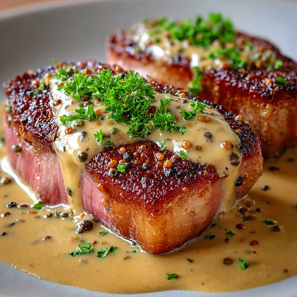 Un magret grillé nappé d’une sauce crémeuse, quelques herbes et une purée de céleri en accompagnement.