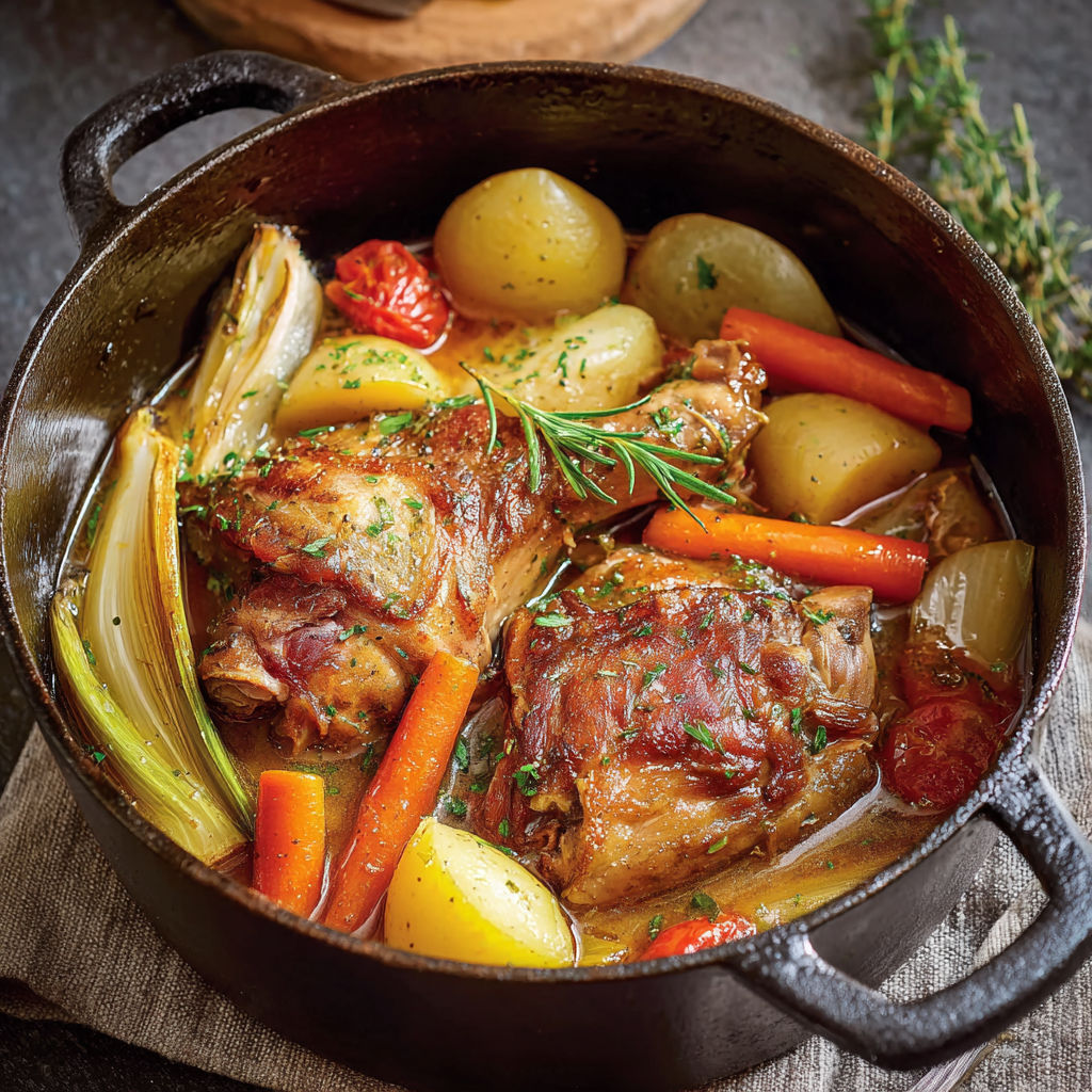 Une marmite en fonte remplie de légumes fondants et de porc doré.