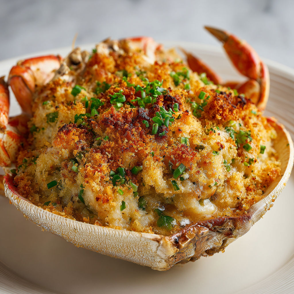Un crabe farci dans une belle assiette en céramique, prêt à être croqué.