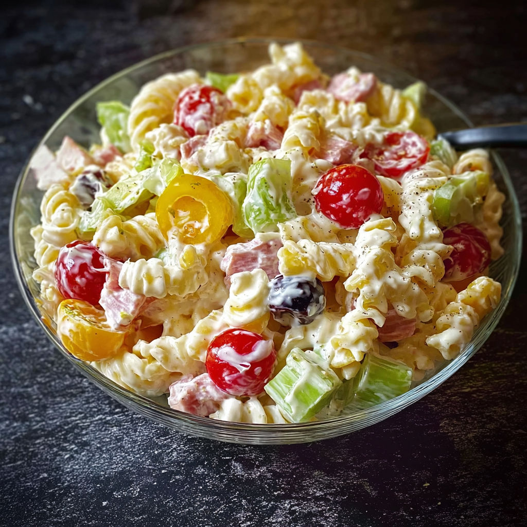 Un mélange de pâtes avec tomates et petits fruits rouges.