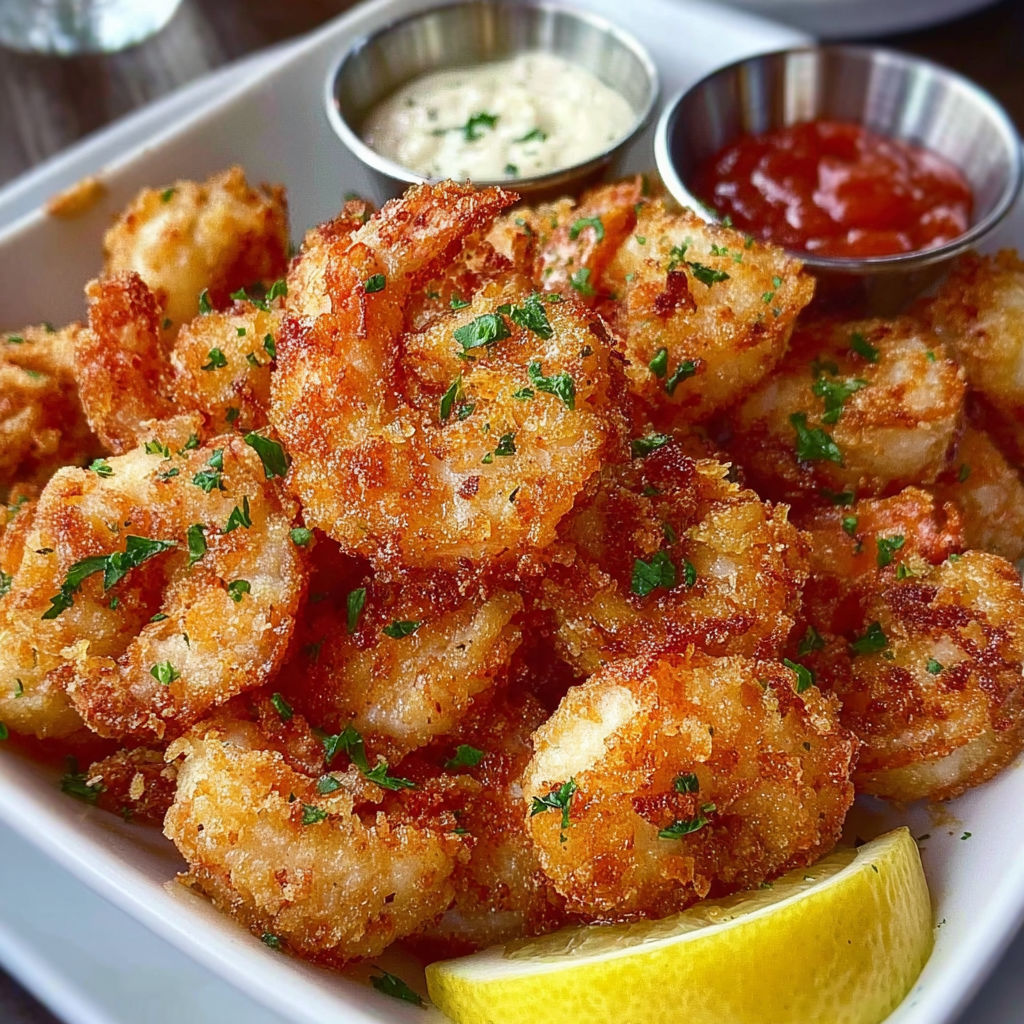 Une belle assiette de crevettes dorées accompagnée de sauce et d'une cuillère.