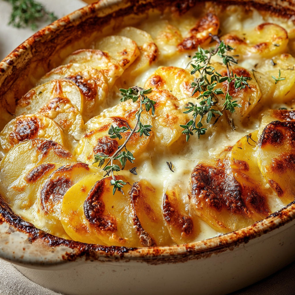 Gratin onctueux de pommes de terre germées et fromage doré, servi bien chaud dans un plat en céramique.
