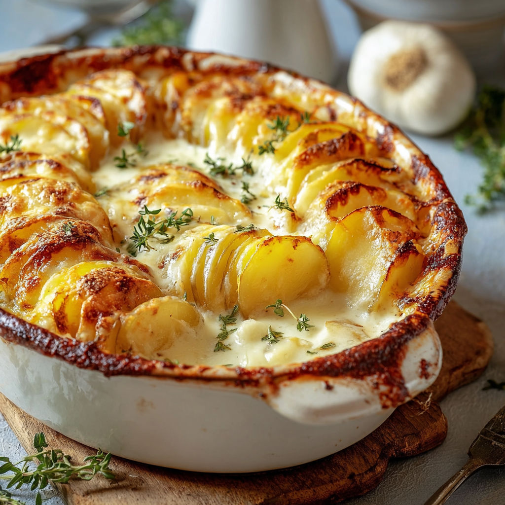 Une tourte pommes et champignons dans une assiette en bois.