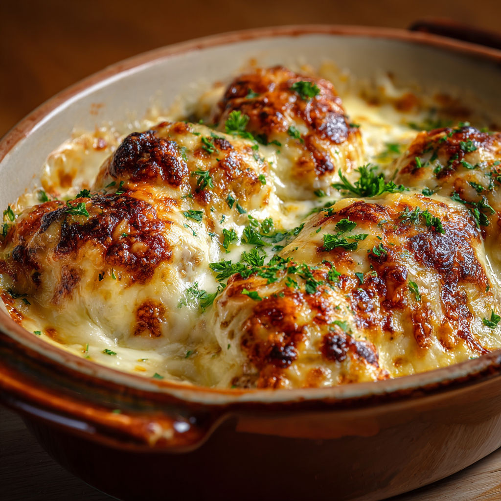Un grand plat à gratin de quenelles de volaille au comté, tout doré, prêt à être servi.